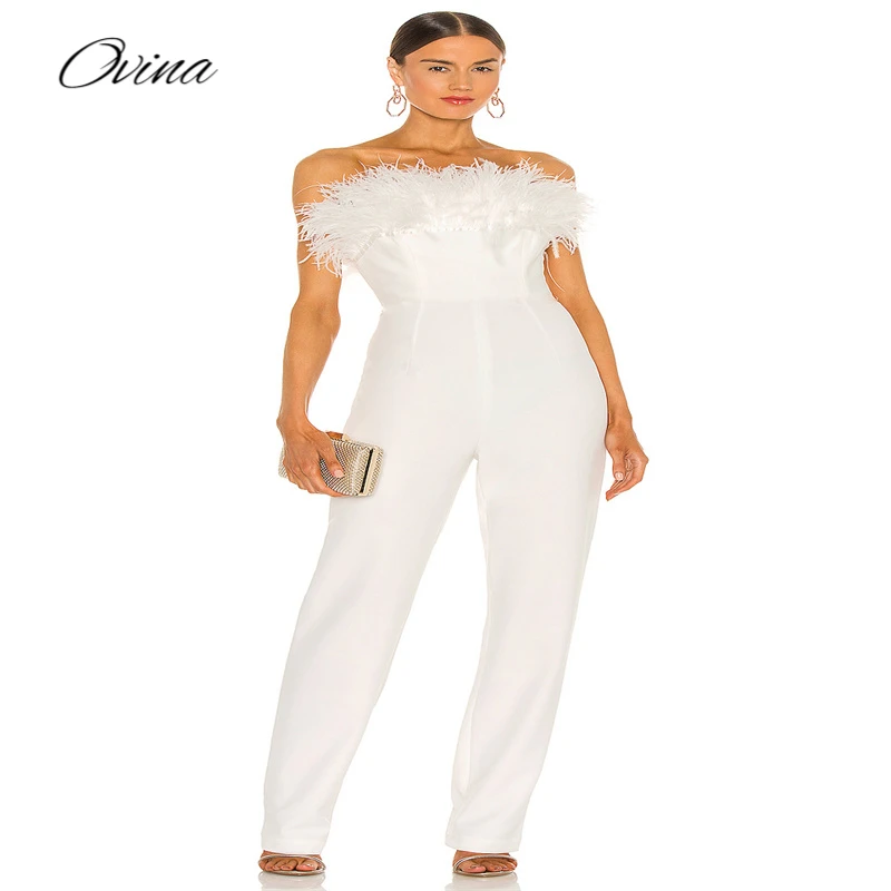 White Women's Jumpsuit Tube Top Feather Decorative Design Sexy Sleeveless Straight Pants Free Freight