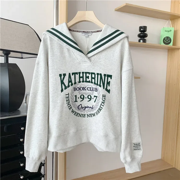 

Модные женские толстовки с матросским воротником, Свободный свитшот серого цвета, Осенние Топы с буквенным принтом, Traf, женская одежда, готика