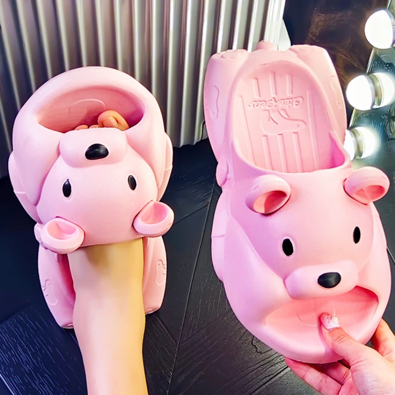 Women's Lovely Cartoon Bear Bread Sandals EVA Soft Indoor Non-slip Slippers Home Slides Bathroom Quick-drying Couple Beach Shoes