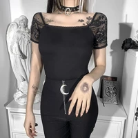 gothic vintage lace black t shirt gothic sexy bodycon short sleeve women tops aesthetic elegant square neck simple t shirt