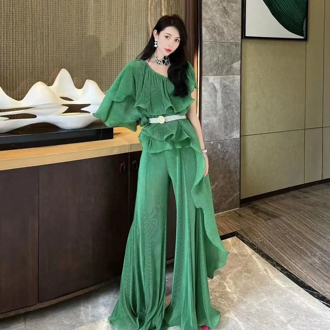 

SuperAen 2022 Summer Solid Slash Neck Full Length Elastic Waist Pleated Pant Two Pieces Sets Women