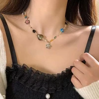 new trend flower necklace crystal gravel beaded cool choker korean y2k clavicle chain for women girl christmas jewelry collares