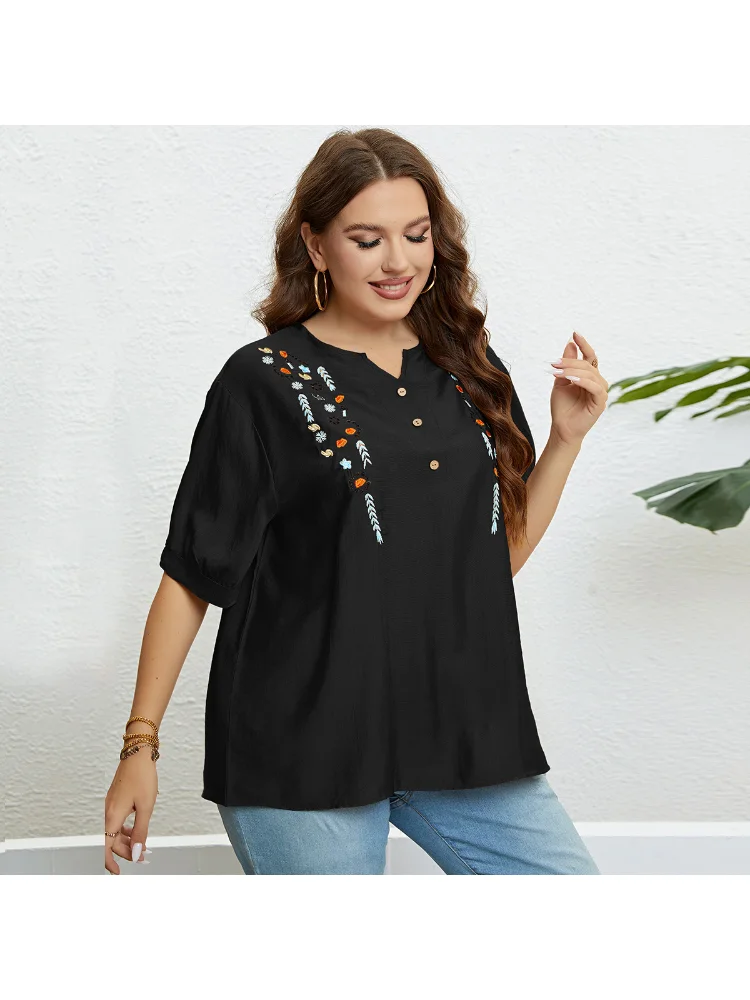 Embroidered Art Loose Casual Top blusas plus size mujer