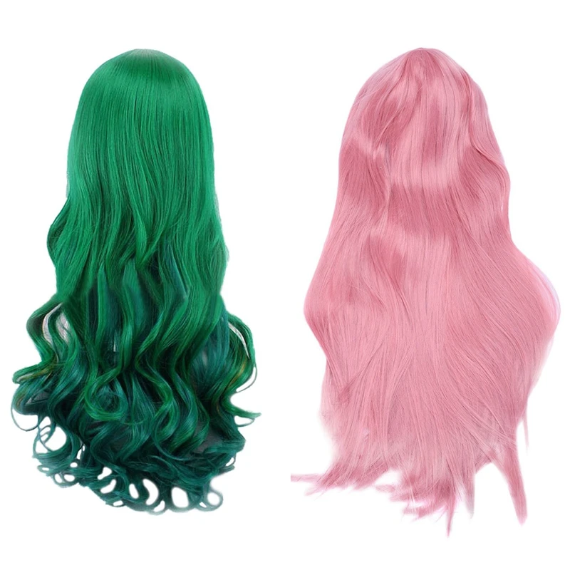 

ABHU 2Pcs Straight Cosplay Wig Multicolor Heat Full Resilient Wigs - 80Cm Long Pink & 68Cm Long Dark Green