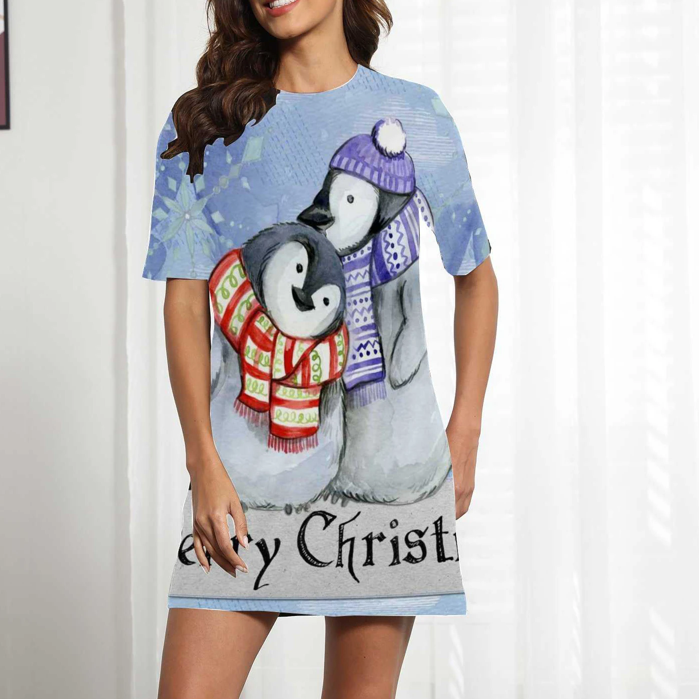 

Kawaii Dress Women Penguin Elk Cartoon Print Ladies Dresses Korean Vestidos Short Sleeve Casual Dress Merry Christmas Clothes