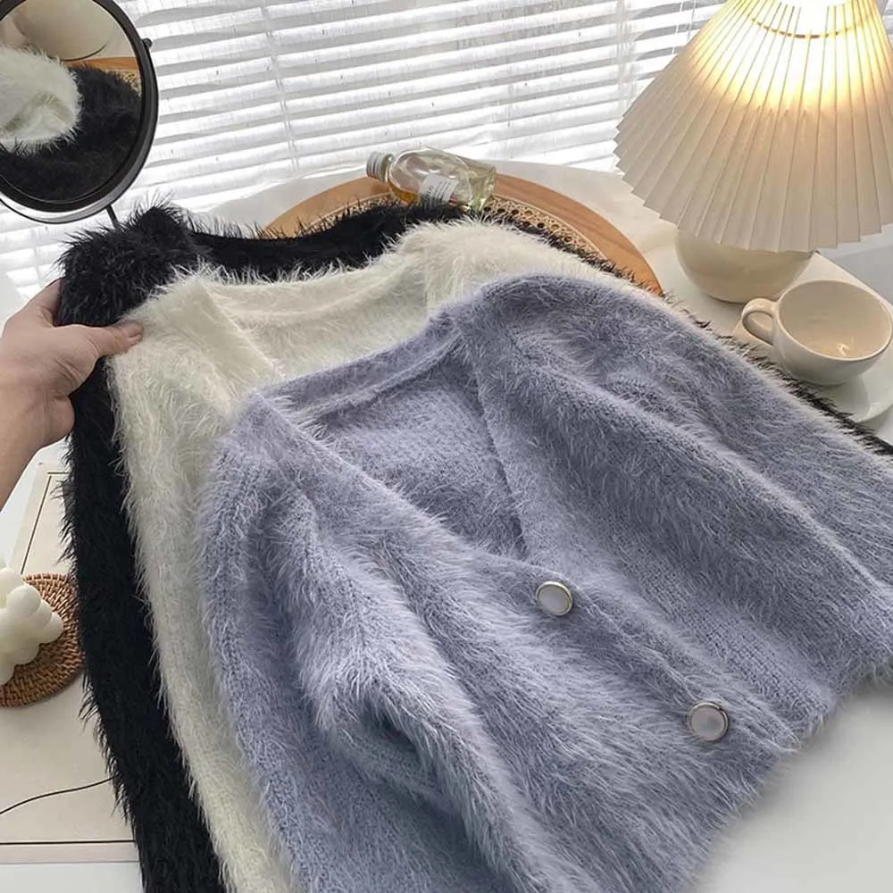 

Soft Mohair Sweaters Cardigans Women V-Neck Knitted Full Sleeve Cropped Cardigan Lady Single-breasted Sweater Crop Tops