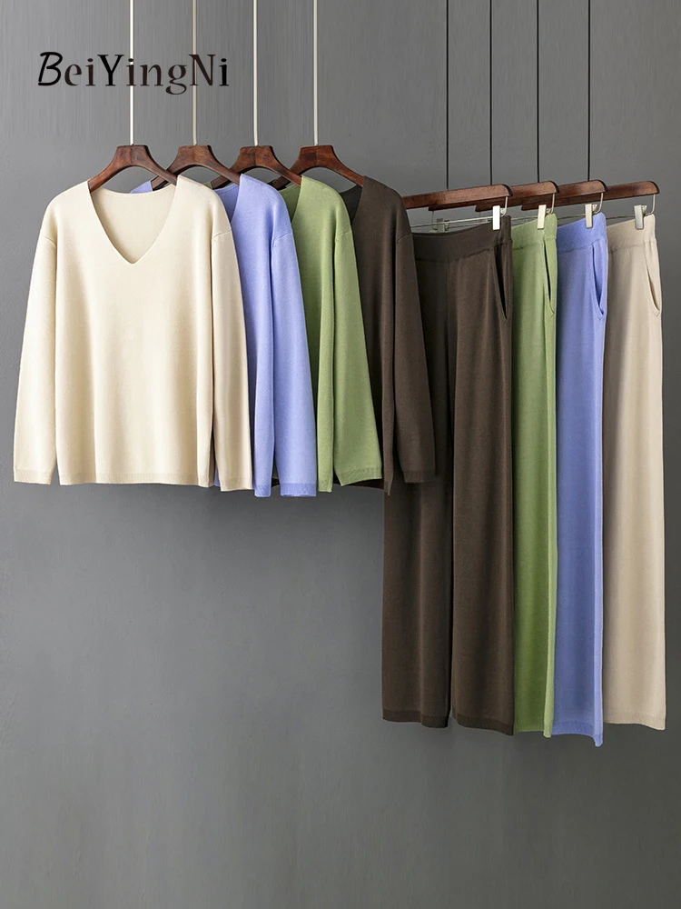 

Женский брючный костюм Beiyingni, трикотажный свитер из вискозы с V-образным вырезом и широкие брюки, комплект из двух предметов, весна-осень