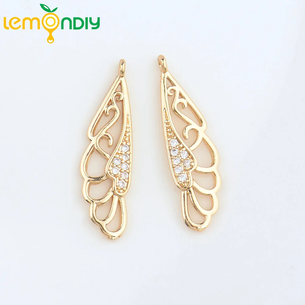 

(4687)4PCS 8x28.5MM 24K Champagne Gold Color Brass with Zircon Wings Pendants High Quality DIY Jewelry Making Findings Wholesale
