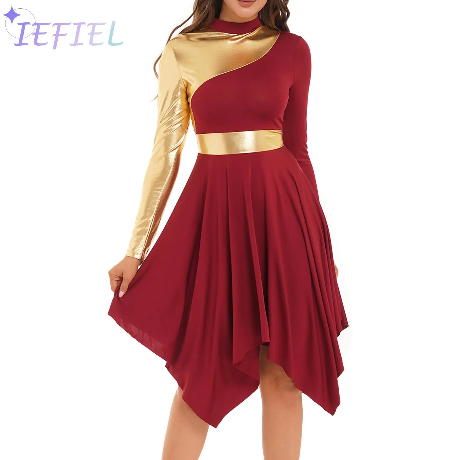 

Womens Ballet Dance Performance Costume Liturgical Praise Dance Dress Long Sleeve Lyrical Dancewear Asymmetrical Hem