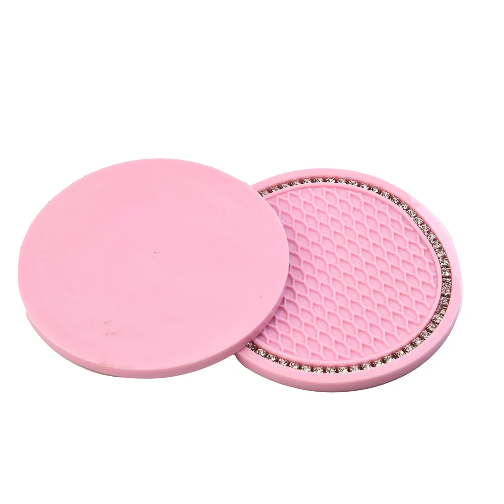 

Durable High Quality New Practical Useful Vehicle Cup Holder Mat Interior Pad Pink Rhinestones 2pcs Set 7cm Dia