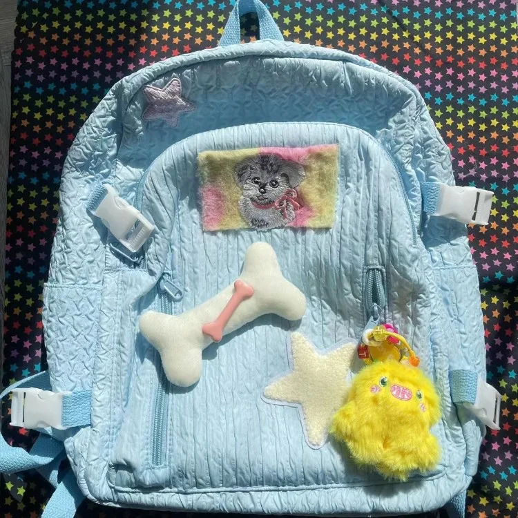 

Aesthetic Kawaii Wathet Blue Bags for Women Large Capacity Student Bookbag Y2k Fashion Ruched Lightweight Travel Backpack