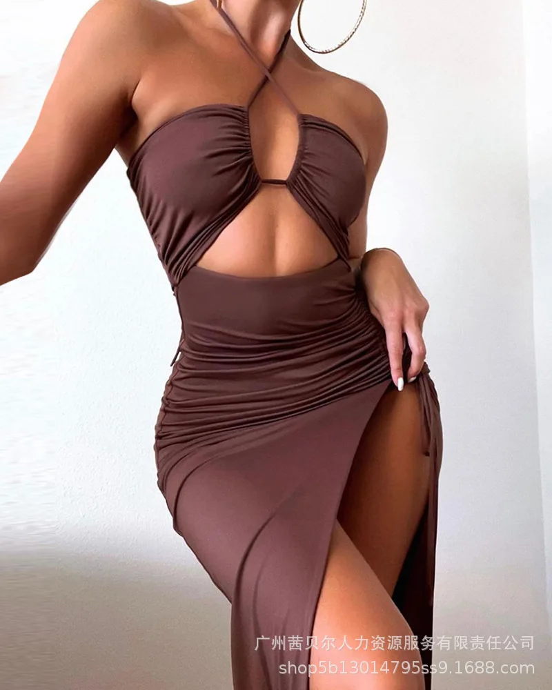 

Cryptographic Hot Summer Sexy Halter Backless Sleeveless Cut Out Mini Skirt for Women Elegant Club Party Slit Dresses Vestido