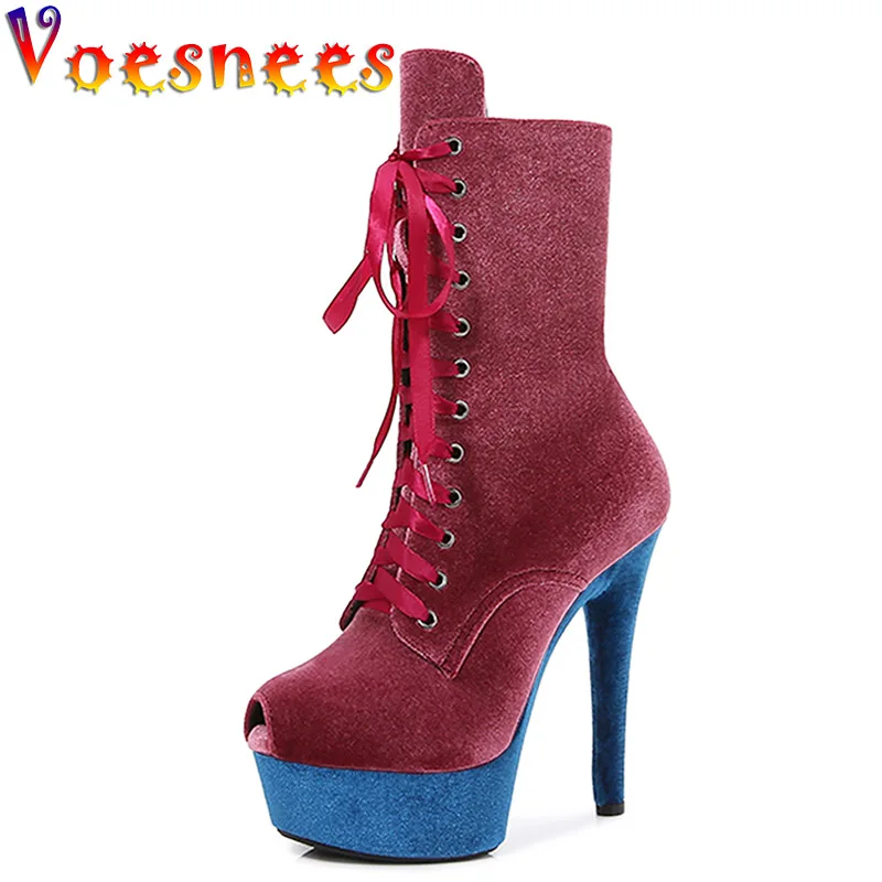 

Voesnees Colorful Velvet Upper 15CM Women's Platform Shoes Plus Size Fashion Party High Heels Sexy Peep Toe Pole Dance Zip Boots