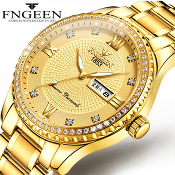 FNGEEN Men Watch Fashion Rhinestone Male Clock Men's Gold Quartz Watches Top Brand Luxury Waterproof Date Watch Relogio Masculin-37245