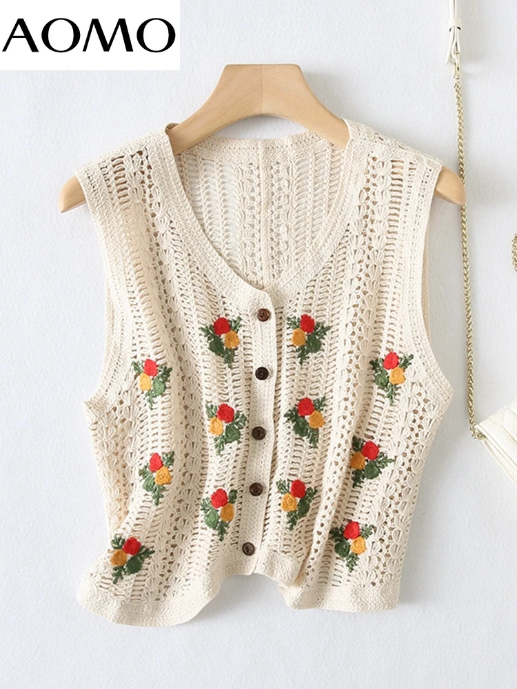 

AOMO Women 2022 Fashion Flowers Embroidery Knitted Vest Sweater V Neck Sleeveless Female Waistcoat Chic Tops YU61A