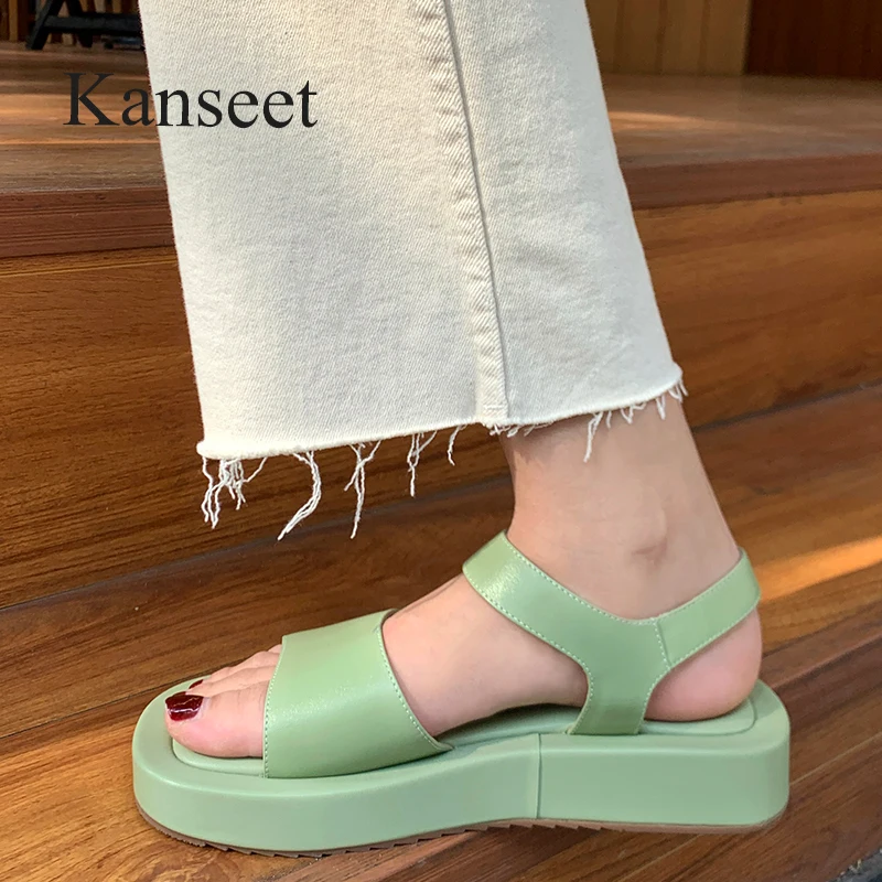 

Kanseet Casual Women Sandals New Arrival Open-Toed Round Toe Genuine Leather Concise Handmade Summer Flats Ladies Shoes Green 40