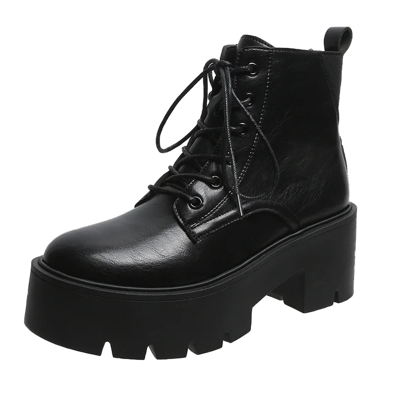 Chunky Platform Ankle Boots for Women Winter/ Autumn Thick Bottom Lace Up Shoes Woman Retro Black Leather Short Boots HighHeels