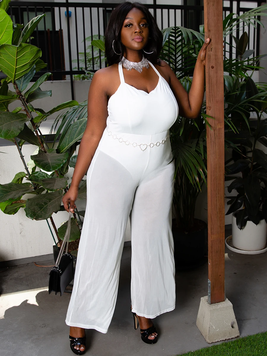 

LW Plus Size See-through Elastic Jumpsuit L-5XL Polyester Lace Off The Shoulder Sleeveless Halter White Long Rompers Lady Outfit