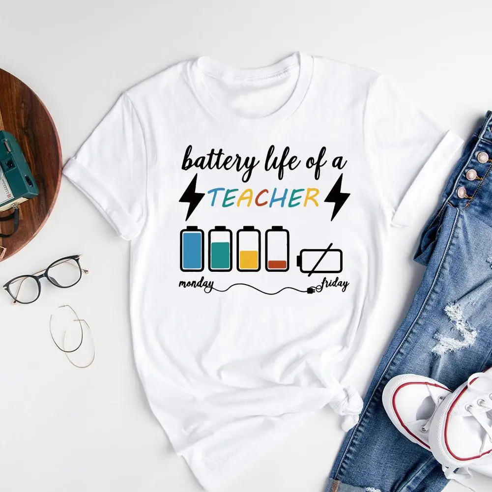 

Battery Of Life A Teacher T-shirt Fashion Short Sleeve T-shirts Women Men Neutral Cotton Daily Casual Tops S-XXXL