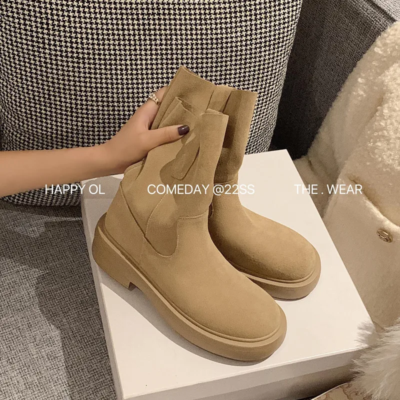Cool Shoes Spring Autumn Ankle Boots Simple Style Western Boots Woman Slip On Platform Shoes Cow Suede Leather Cowgirls Botas