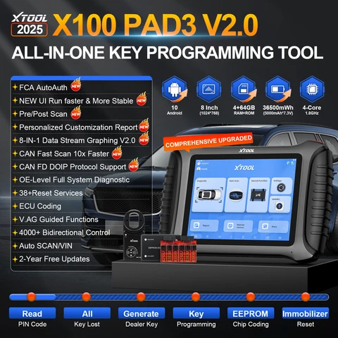 Инструменты для программирования ключей XTOOL X100 PAD3 V2.0 IMMO с программатором ключей KC100. Сброс 38+, добавление ключей, утеря всех ключей, считывание PIN-кода, изготовление дилерского ключа