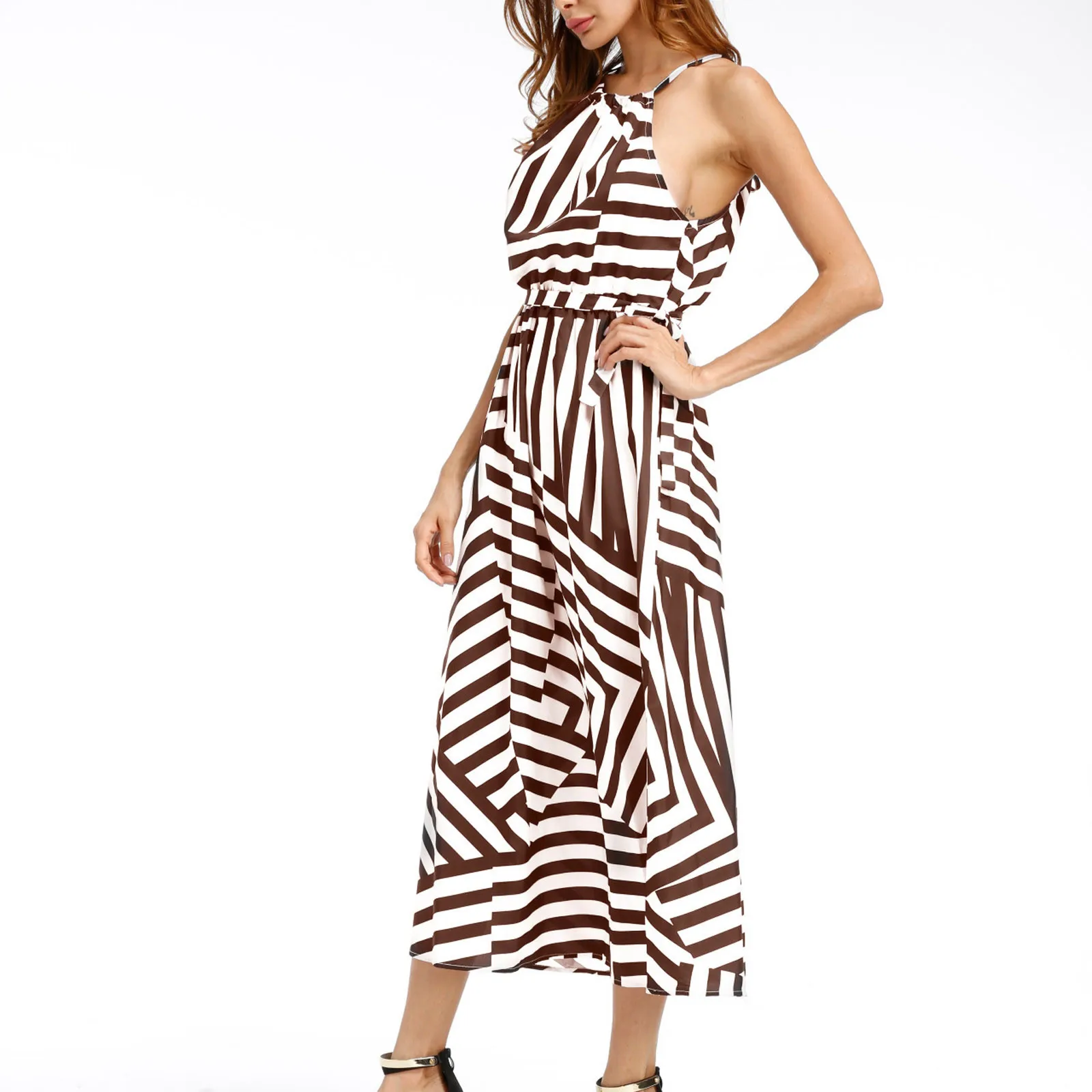 

Women Casual Sleeveless Spaghetti Strap Print Loose Belted Stitching Long Dress