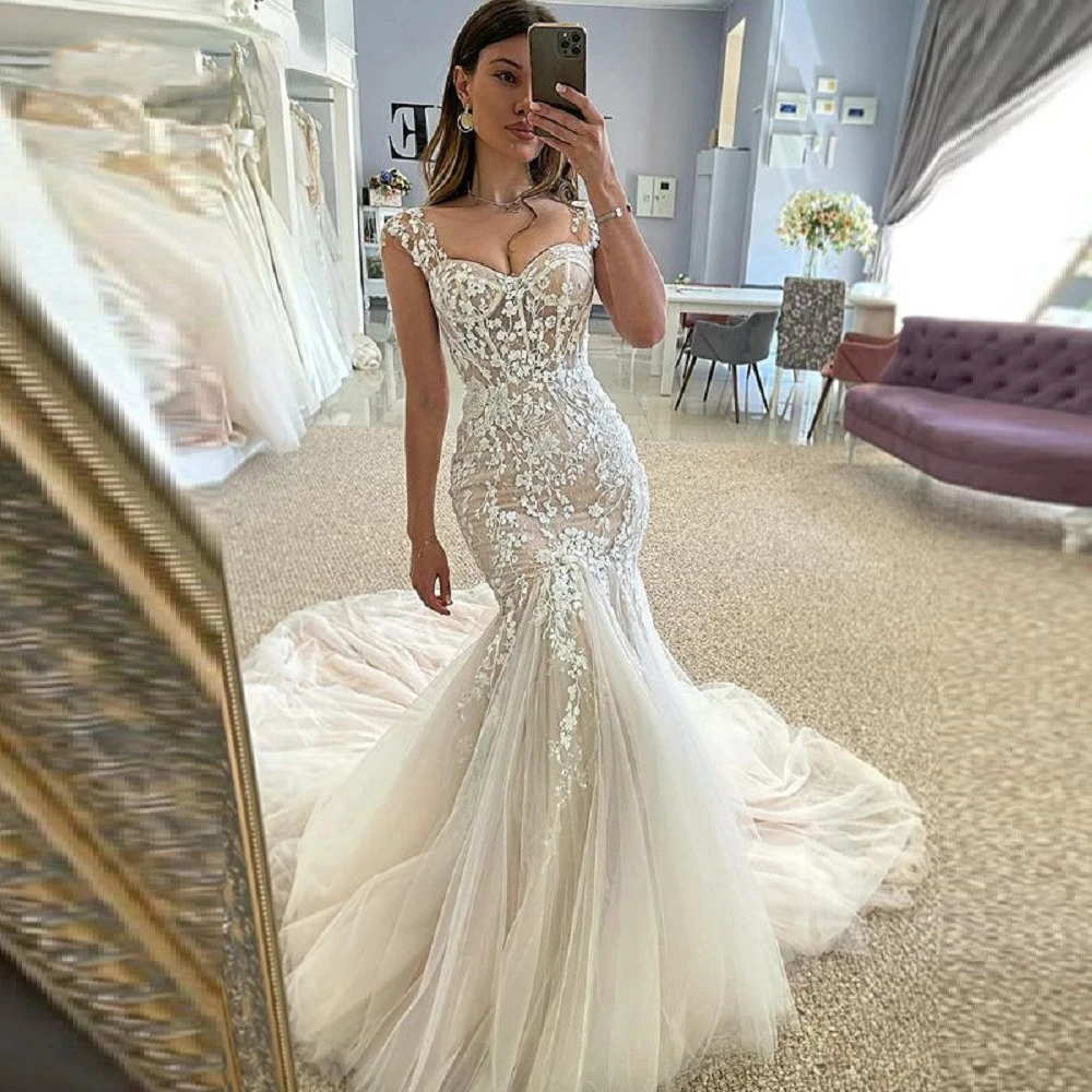 

Spaghetti Lace Flower Mermaid Long Boho Wedding Dresses Sleeveless Princess Beach Bridal Bride Gowns Vestidos De Novia