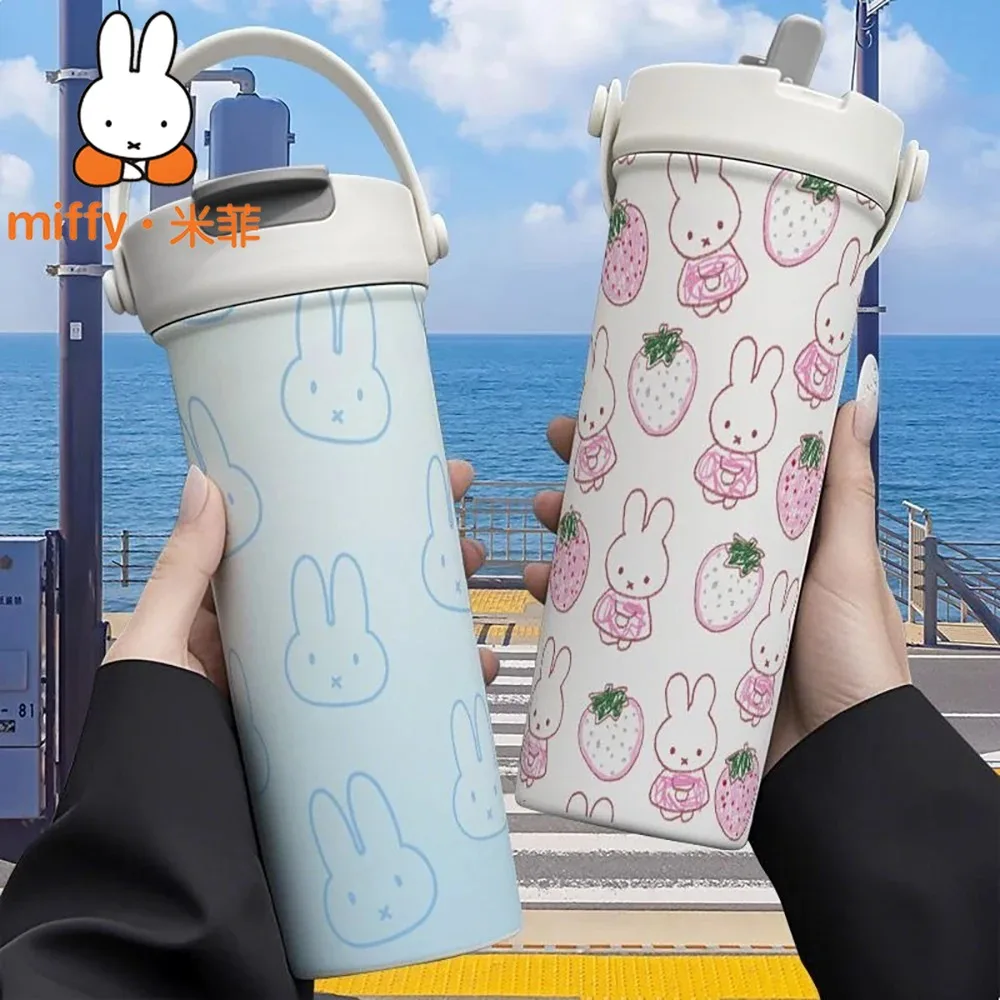 Фото Термос-кружка Miffy Rabbit с двумя соломинками, большой емкости, портативная, для кофе и чая, для офиса и улицы №3
