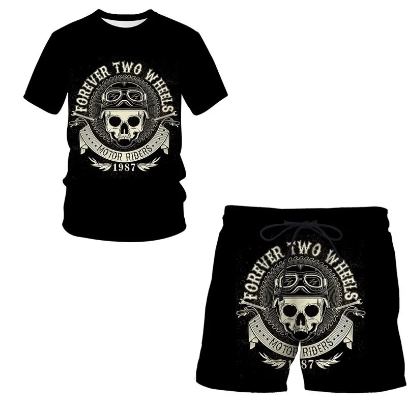 

Summer Men's Skull Classic Pattern Hip Hop Oversized 3D Print Slim Round Neck Short Sleeves Plus Shorts T Shirt Men's Outfit