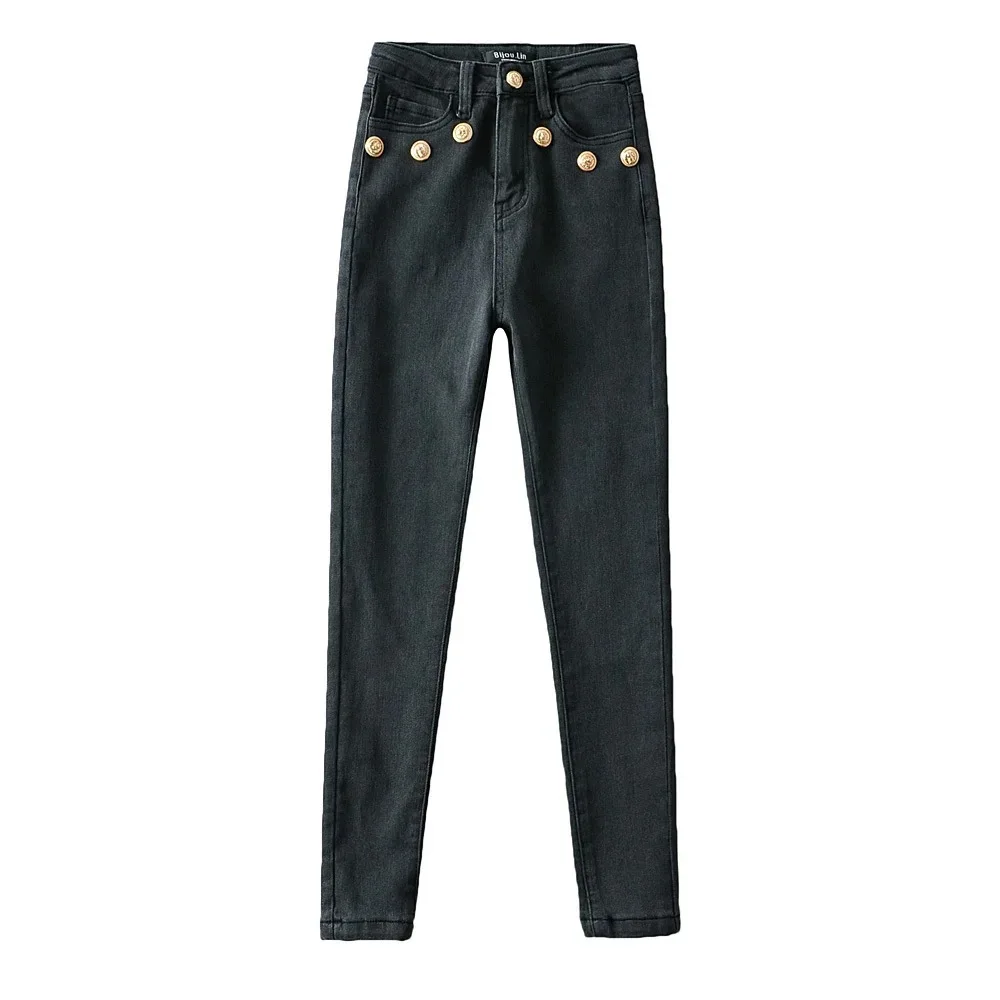 

2021 New Women's Fashion High Waist Slim Gold Buckle Decorative Jeans Slim Little Pencil Pants