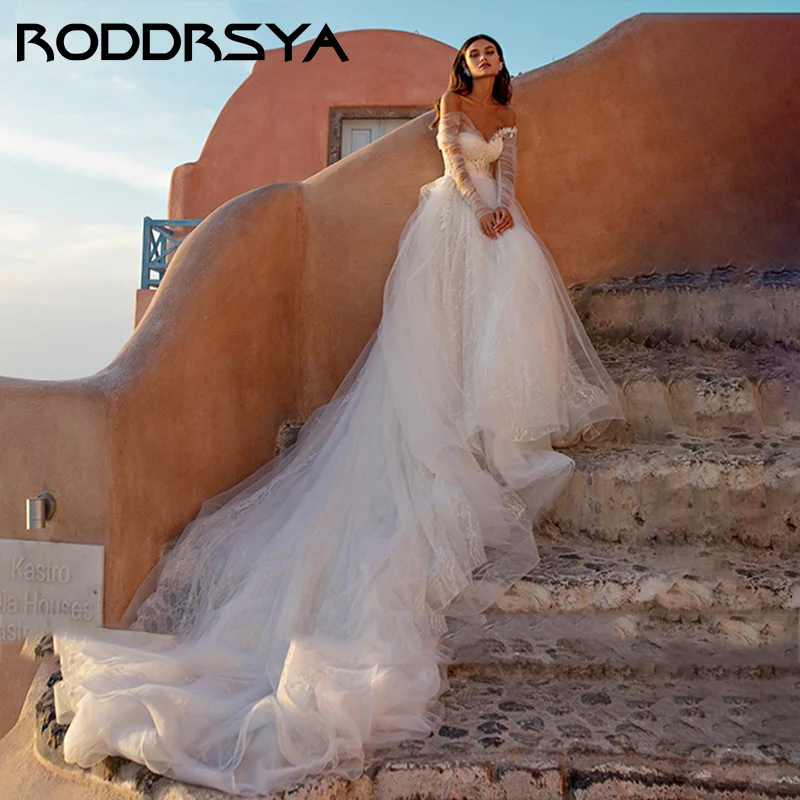 

RODDRSYA Romantic Tulle Applique Wedding Dress Sexy V-Neck Long Sleeve Backless Bridal Gown Elegant A-Line Boho Suknia ślubna