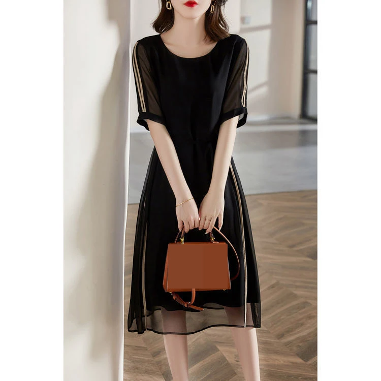 

Black dress 2021 summer new mid-sleeve design waist retro mid-length dress dresses for women party clothes O-Neck