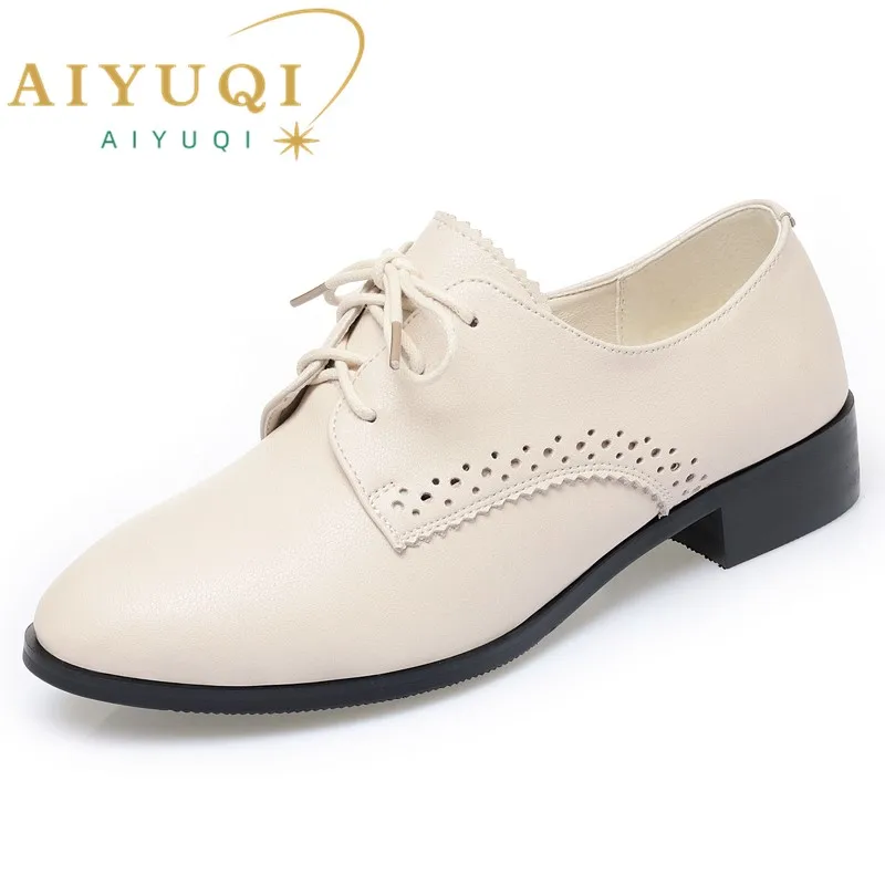 AIYUQI Women Autumn Shoes Genuine Leather 2023 New Mid Heel British Style Women Loafers Large Size 43 44 45 Lace-up Women Shoes