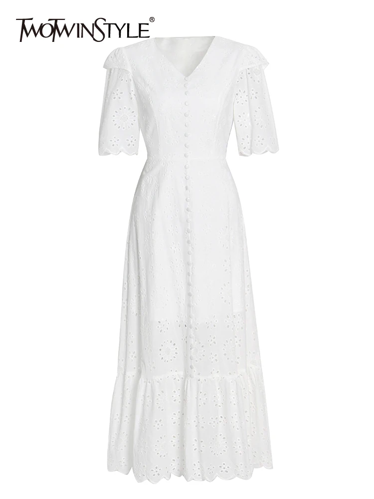 

Женское платье-миди twotwin2, свободное платье с v-образным вырезом, коротким рукавом и высокой талией, однотонное длинное платье с вырезами, сти...