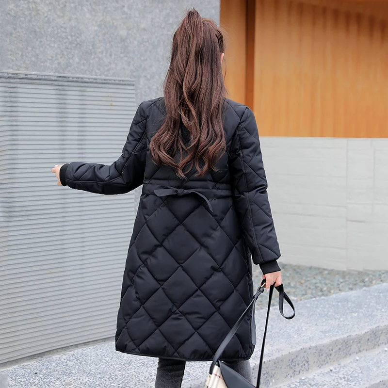 Women's Casual Coats Parkas Thick Cotton Padded Outerwear 2023 Winter Solid Long Jacket Female Stand Collar Overcoat with Sashes