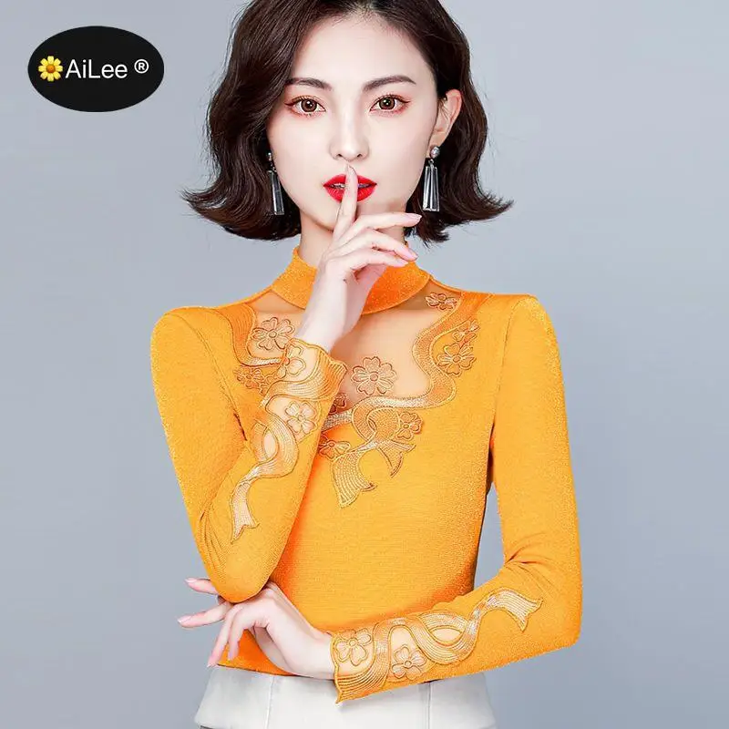 Винтажный кружевной пуловер с высоким воротником блузка женская зимняя