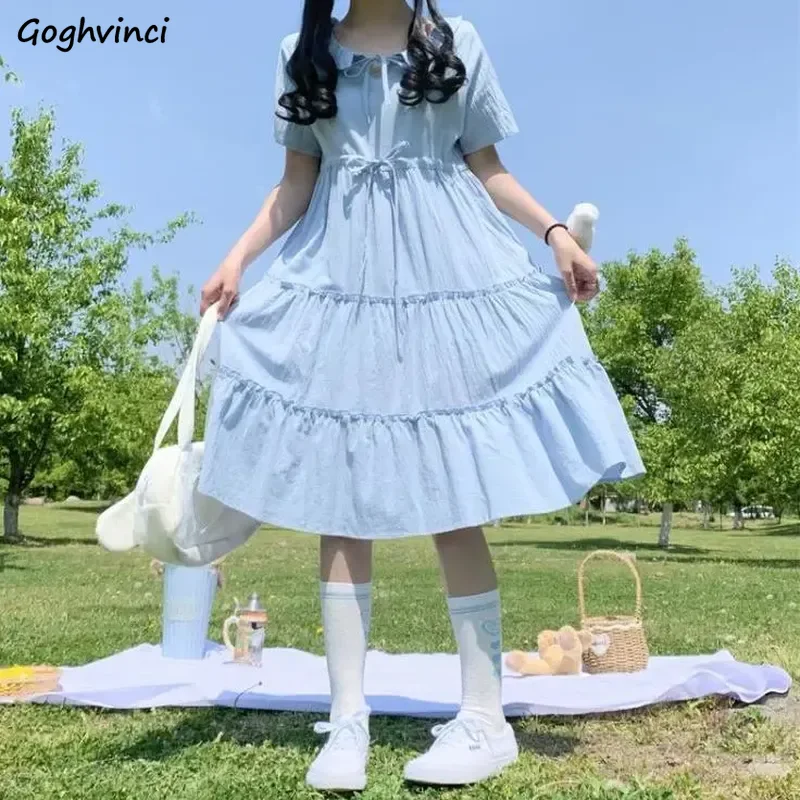 

Preppy Style Dress Women Summer Young Korean Style Sweet Solid Girlish Trendy Leisure Cozy Popular Vacation A-line Tender Chic