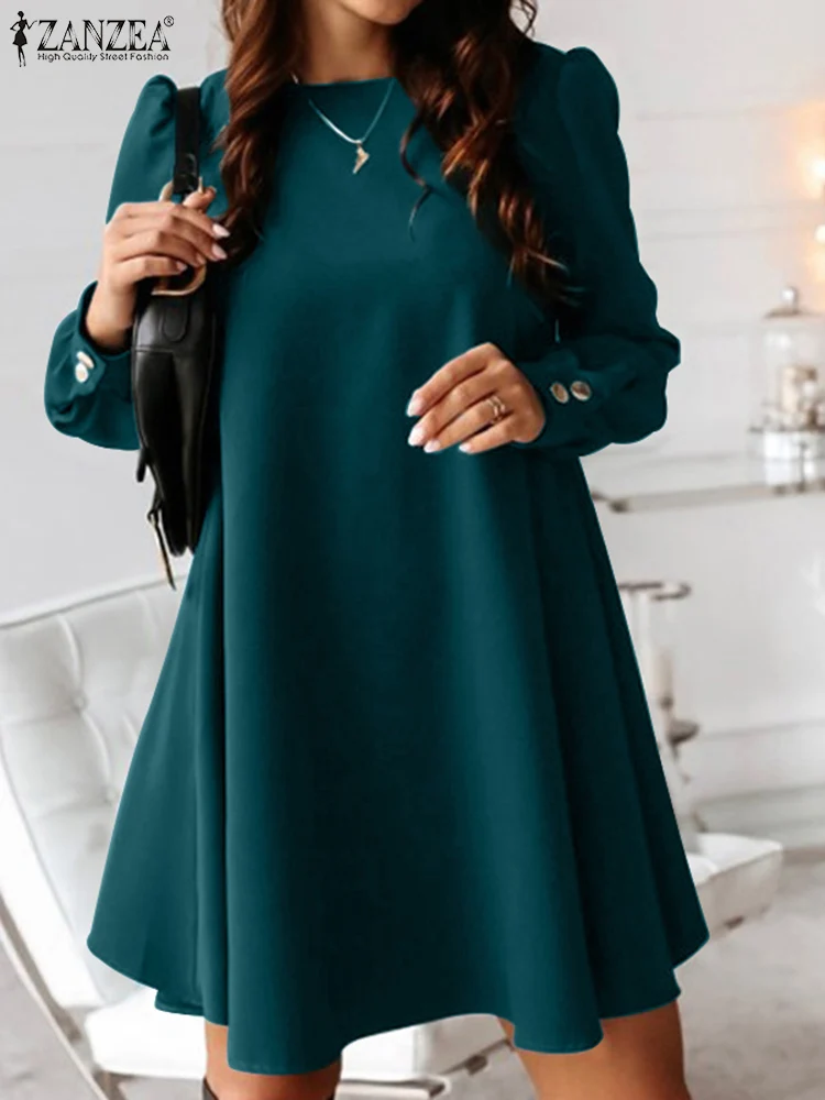 

Модель 2022 года, женские атласные вечерние платья до колен с пышными рукавами и пуговицами сзади, повседневный Однотонный сарафан большого р...