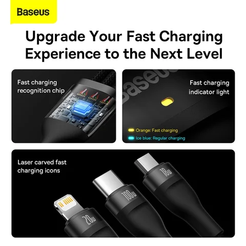 Baseus 3 в 1 USB-кабель типа C PD 100 Вт Кабель для быстрой зарядки и даты для iPhone 17 16 15 Pro Кабель Micro USB C для Macbook Xiaomi