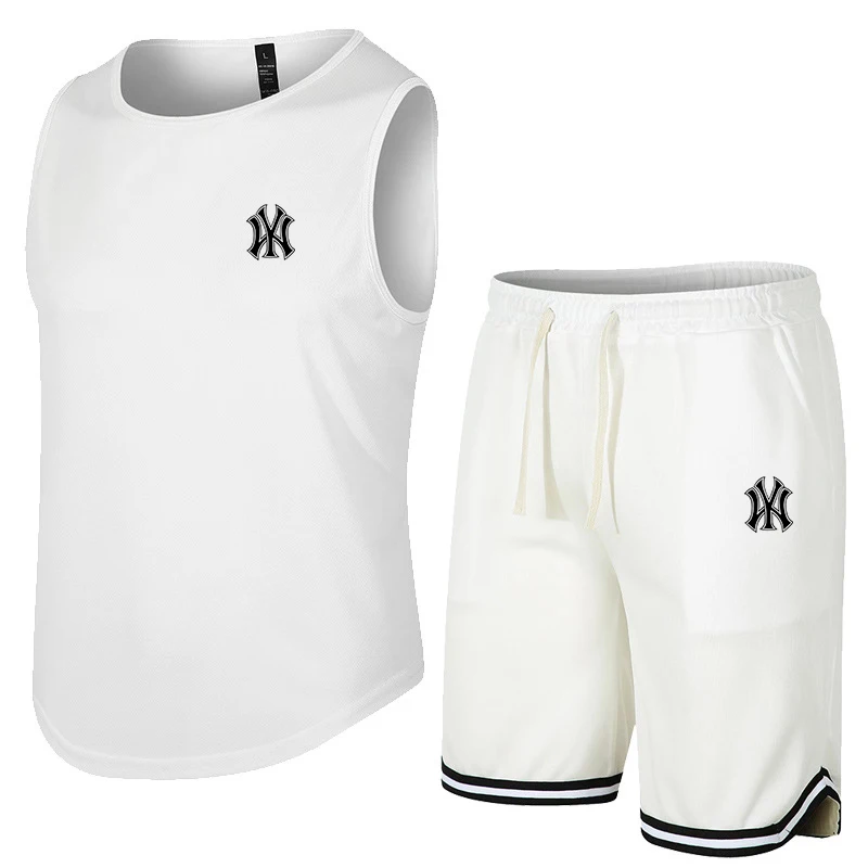 2023 Summer Men's Crewneck Vest And Shorts Set Mesh Ventilation Brand Fitness Sports Clothes Game Training Basketball Clothes