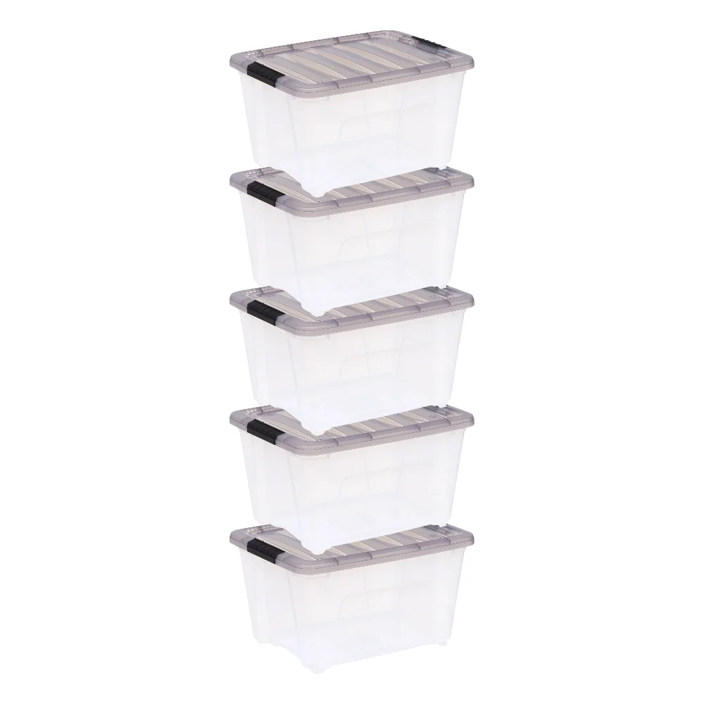 

32 Quart Stack & Pull™ Clear Plastic Storage Box with Buckles, Gray, Set of 5 Storage Bin Storage Basket