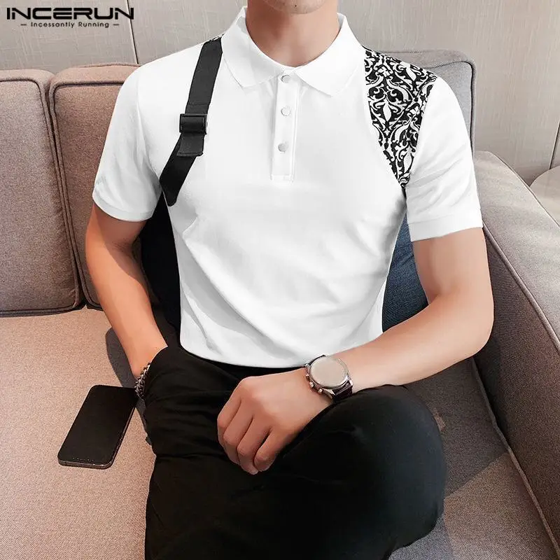 

INCERUN Tops 2023 Korean Style New Men Well Fitting Schoolbag Buckle Patchwork Blouse Fashion Printed Short-sleeved Shirts S-5XL