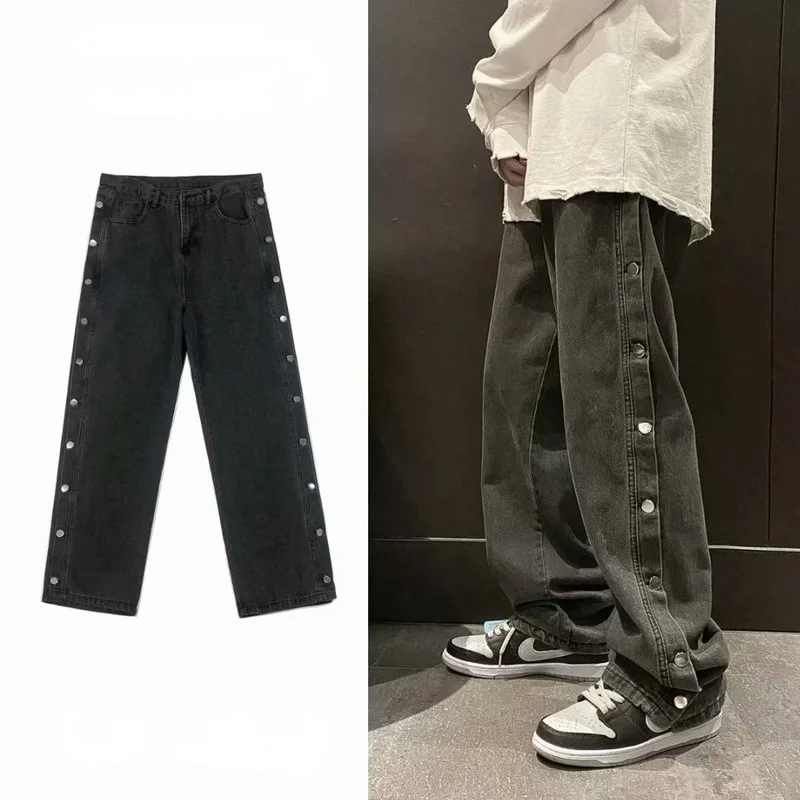 spring and autumn new men's fashion trend old port style straight loose wide leg trousers buttoned jeans