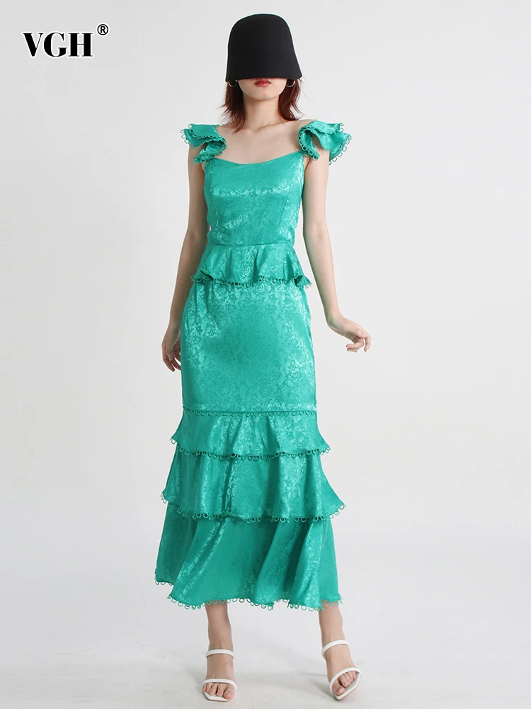 

VGH Solid Dresses For Women Square Collar Sleeveless High Waist Folds Patchwork Ruffles Temperament Dress Female Summer Fashion