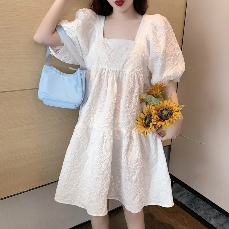 

Women French Style Puff Short Sleeve Square Neck Midi Swing Dress Plain Solid Color Ruched Textured Ruffle Hem A-Line Flowy