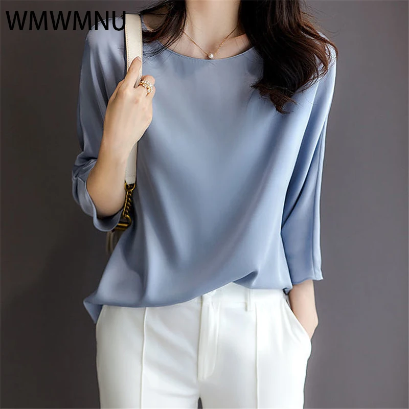 

Muticolor Korean Elegant Satin Tee Half Sleeve O-neck T-shirt Imitation Silk Solid Color Lightweight Top Loose OL Luxury Clothes