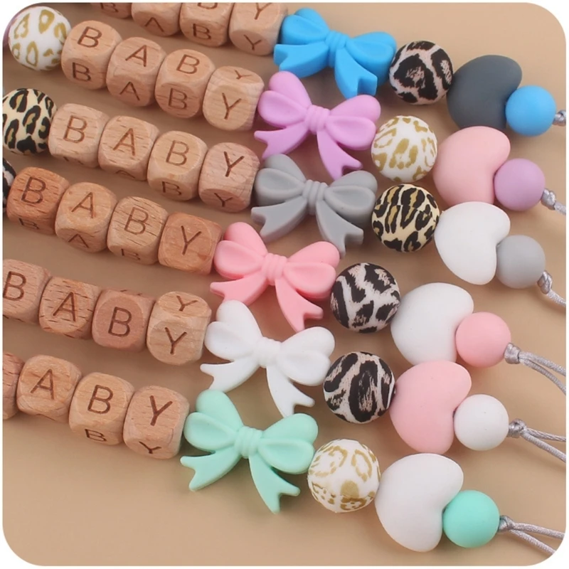 

Baby Pacifier Chain Beech Wood Clip Teething Chain Nipple Holder Bowknot Charm Chewable Pendant Newborn Accessory