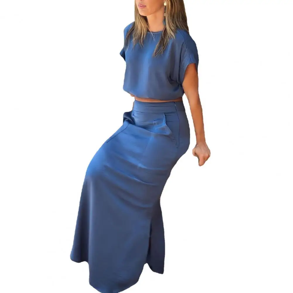 

2 Pcs/Set Women Top Maxi Skirt Set Short Sleeves Round Neck High Waist Pockets Side Split Ankle Length Dress Sets Summer Outfit