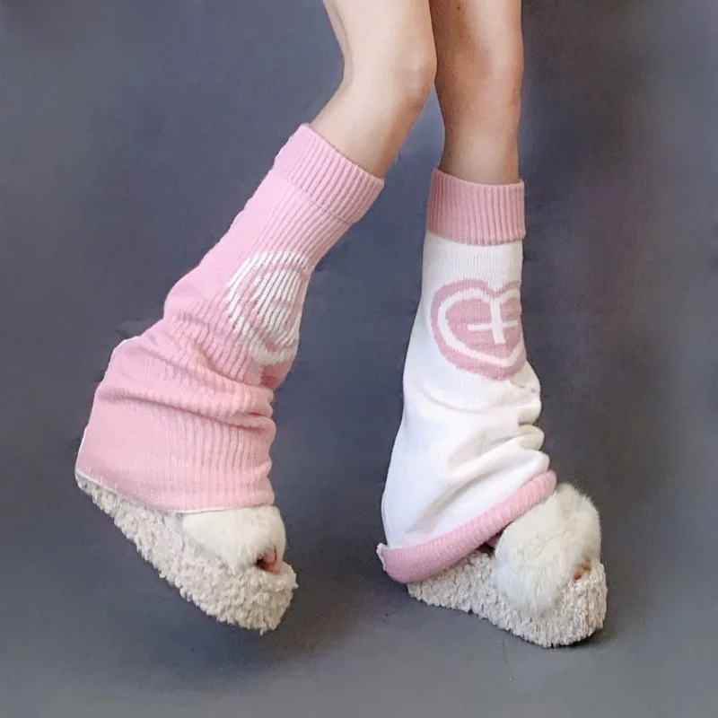 Harajuku Japanese JK Knitted Loose Punk Lolita Leg Socks Sweet Heart Printed Leg Warmers Socks Autumn and Winter Thin Leg Cover