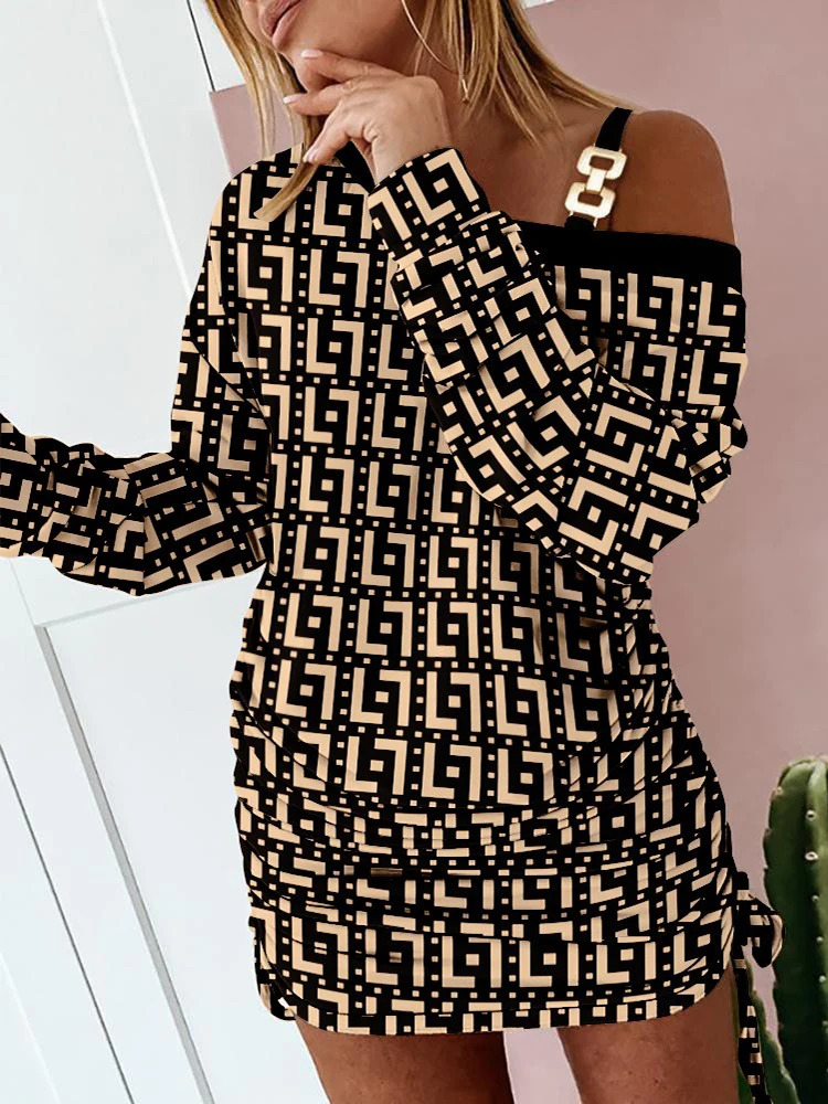 

Женское платье с длинным рукавом, повседневное элегантное платье средней длины с принтом букв, кулиской и рюшами, Y2K, 2022